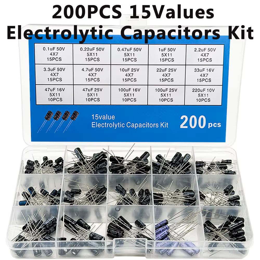 15 Werte Elektrolytkondensator-Sortiment-Set 10V 16V 25V 50V 0,1uF-220uF 0,22uF 2,2uF 100uF (200 Stück)