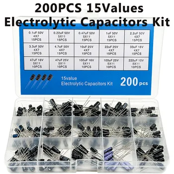 15 Werte Elektrolytkondensator-Sortiment-Set 10V 16V 25V 50V 0,1uF-220uF 0,22uF 2,2uF 100uF (200 Stück)
