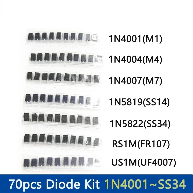 SMD Dioden 1N4001 M1 1N4004 M4 1N4007 M7 SS14 1N5819 SS34 (70 Stück) – Bild 5