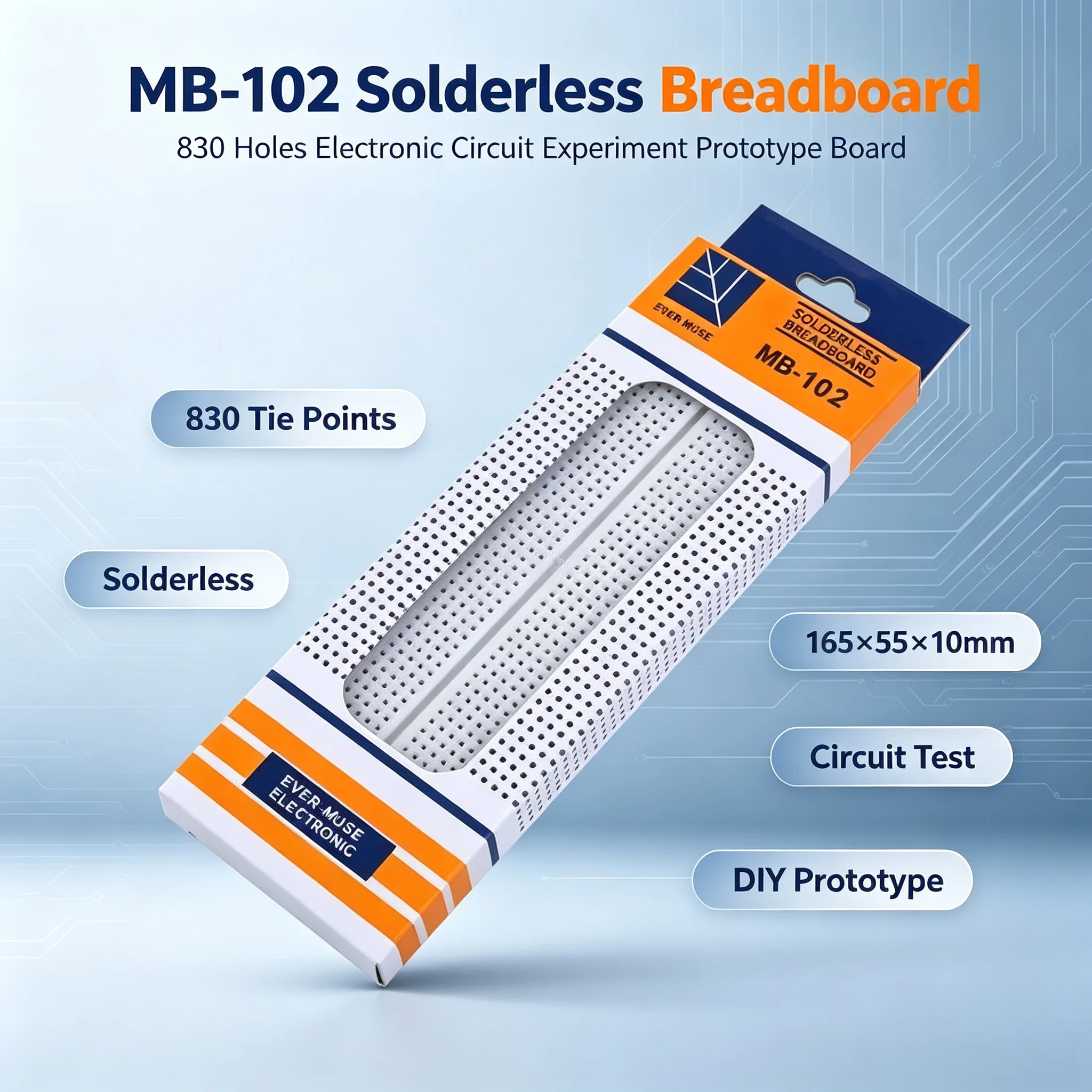 MB-102 Lötfreies Breadboard mit 830 Verbindungspunkten, Schaltungs-Testplatine 165×55×10mm, DIY