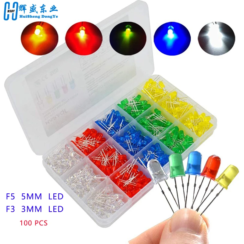 3mm 5mm F3 F5 Runde LED Ultra Helle Weiß Grün Gelb Blau Weiß Rot Leuchtdiode für Diy Kit (100 Stück)