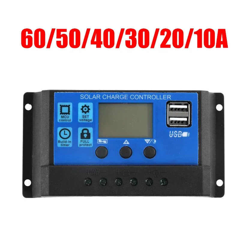 10/20/30/40/50/60A Solar-Laderegler 12V 24V Automatischer Solarzellen-Ladecontroller USB 5V LCD-Display-Regler