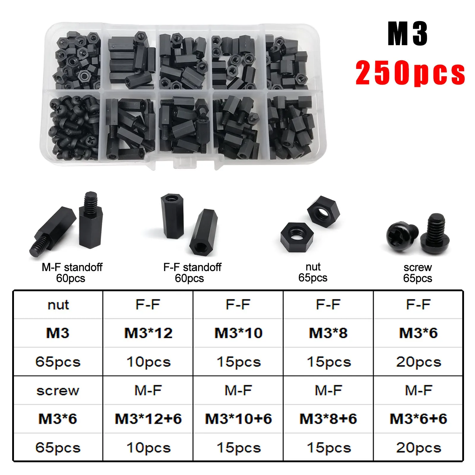 HZYUEGOU M2 M2.5 M3 M4 Schwarzes Kunststoff-Nylon Sechskant-Abstandshalter-Set mit Schrauben, Muttern