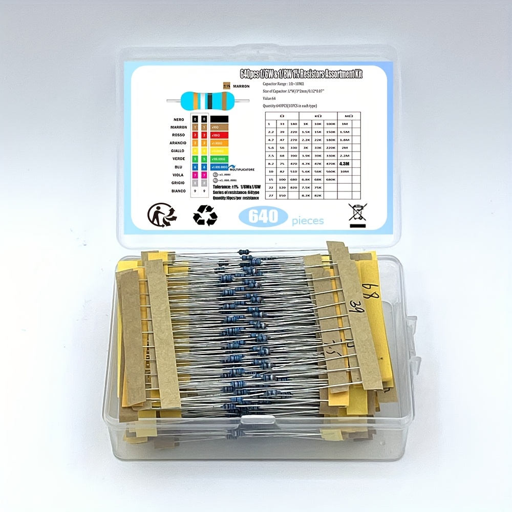 64 Werte 1R - 10MR 1/8 W 1 % 0,125 W Metallschichtwiderstände, sortiertes Kit-Set (640 Stück)