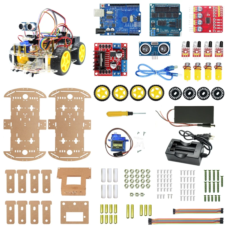 4WD Smart Robot Car Chassis Kit mit Ultraschallvermeidungsverfolgung für Arduino DIY Complete Kit