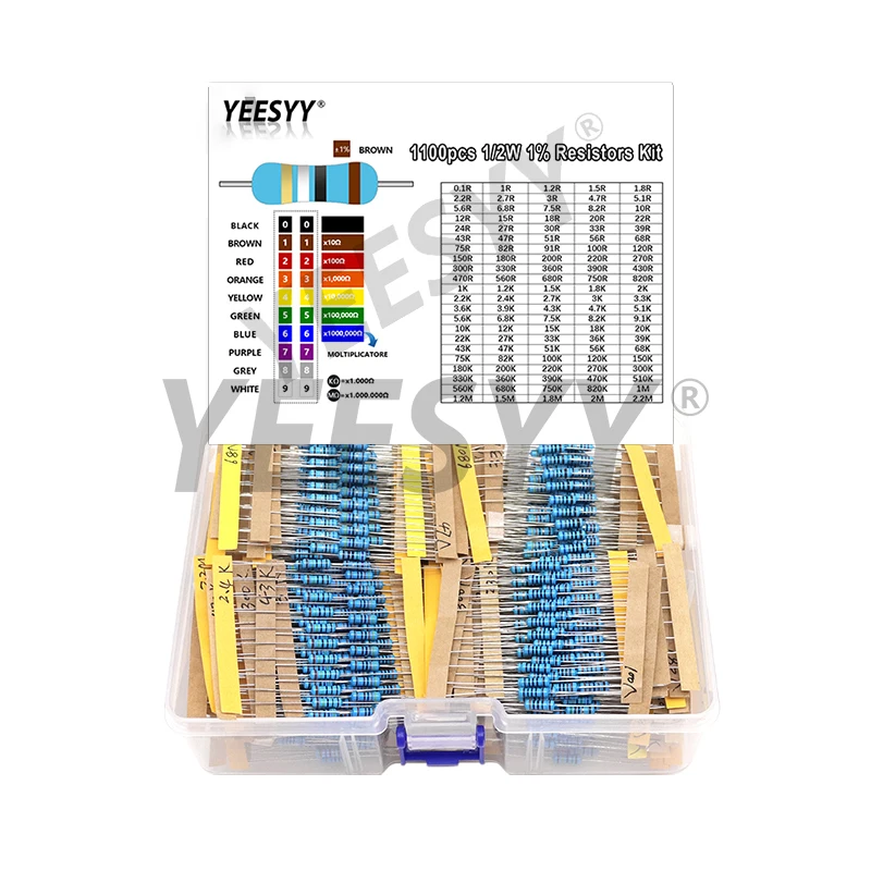 1/2w Metallfilm-Widerstands kit 1% 0,1 Ohm-2,2 m 0,5 Werte x10pcs w Widerstands satz Sortiments (1100 Stück)