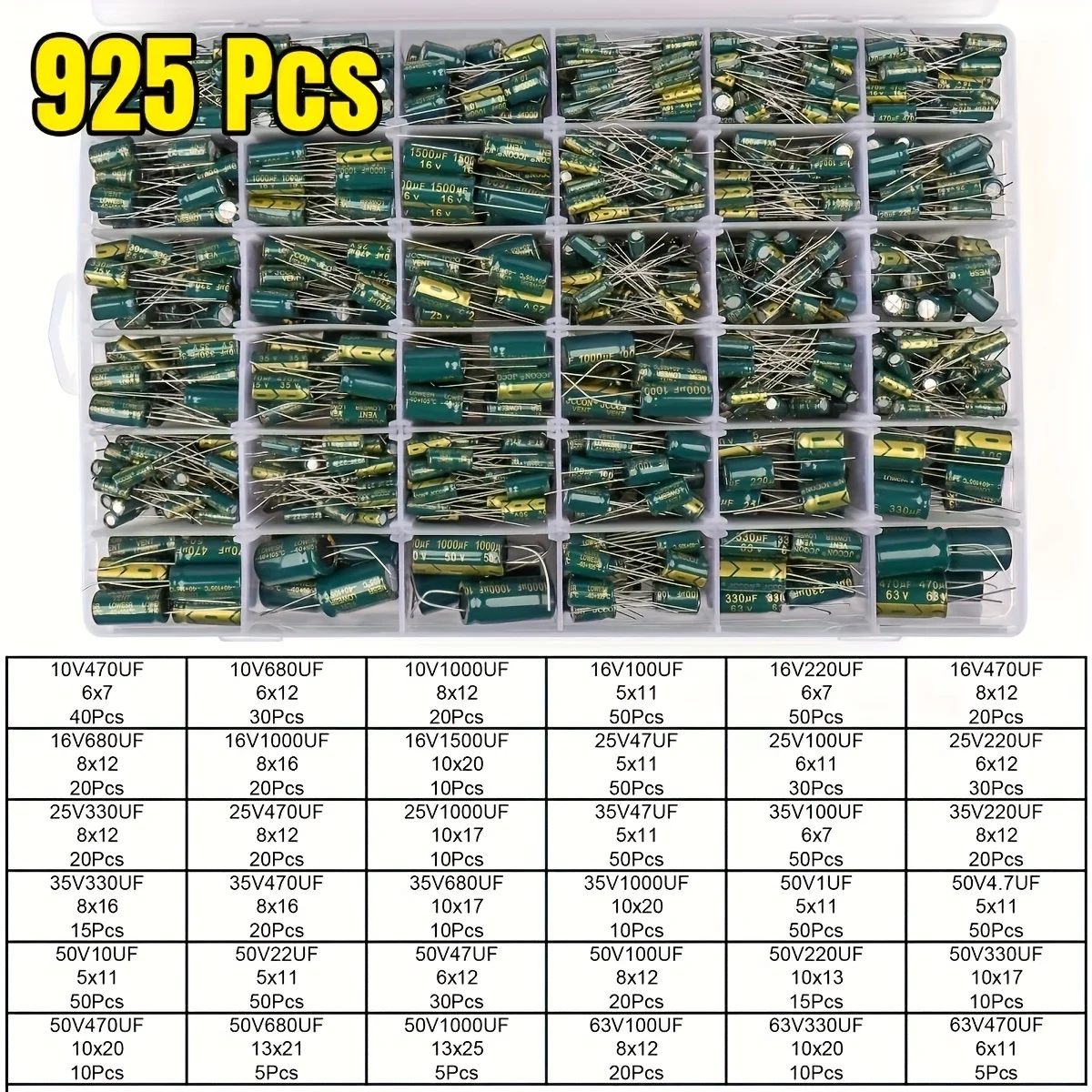 Sortiment an Aluminium-Elektrolytkondensatoren mit 36 (925 Stück) – Bild 2