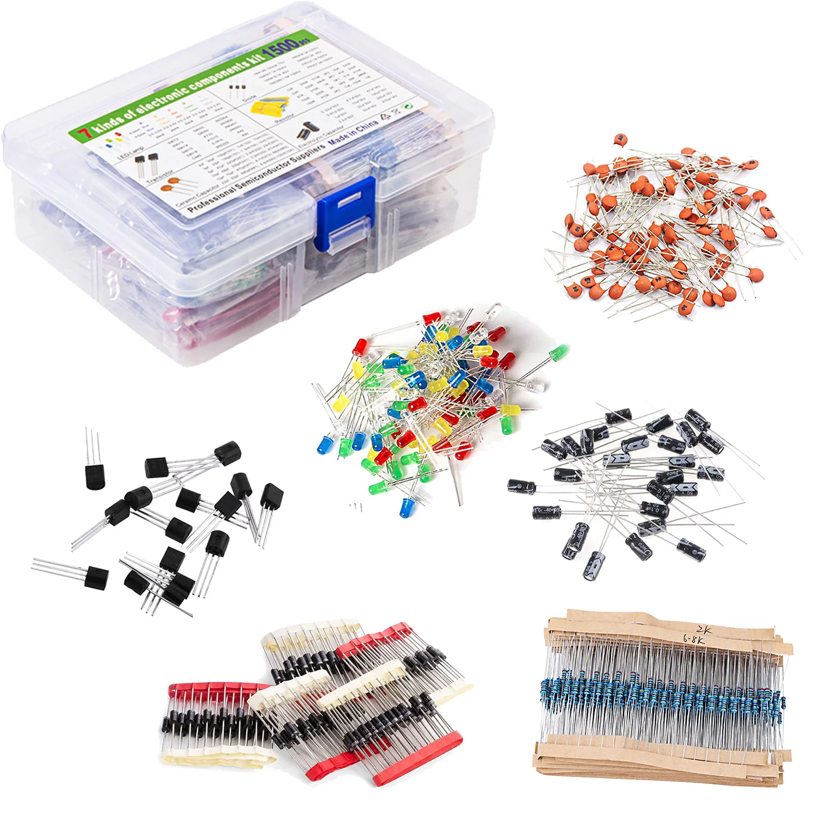 Elektronik komponenten Sortiment Kit Kondensatoren LED Diode Gleich richter Widerstand Transistor (1500 Stück)