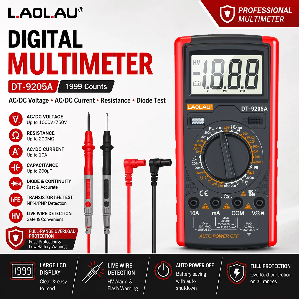 DT-9205A Digitales Multimeter, 1999 Anzeigen, LCD-Anzeige, AC/DC-Spannung, Strom, Widerstand, Kapazität