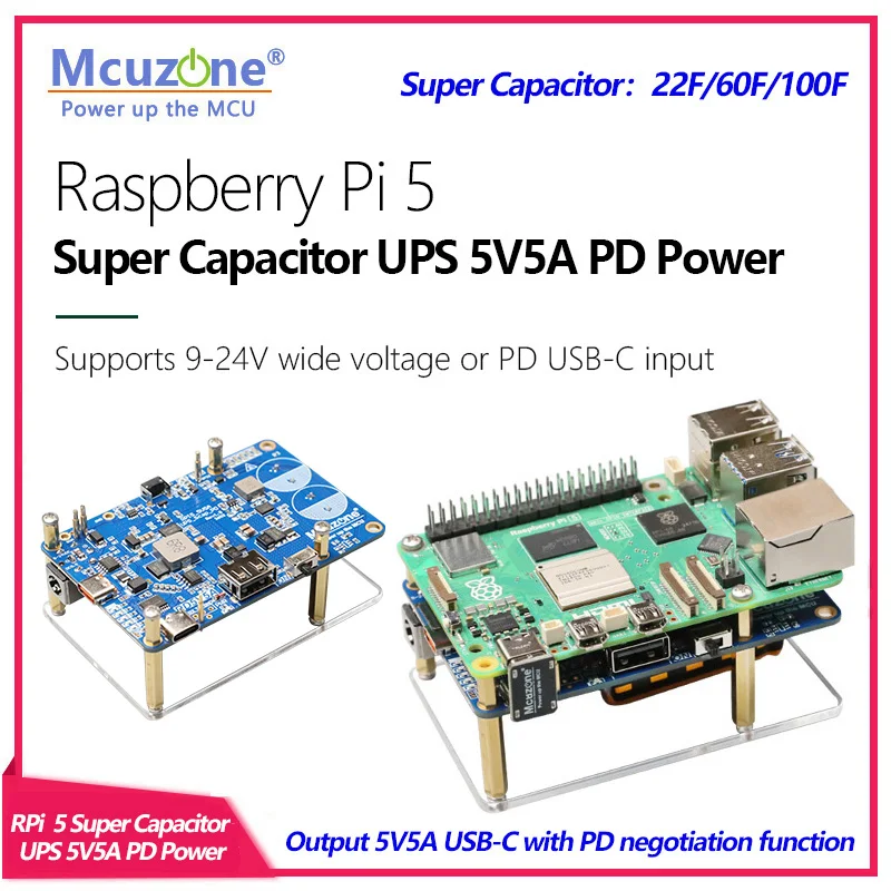 Raspberry Pi 5 Superkondensator 5V5A UPS PD-Strommodul, Unterstützt 9-24V Weitspannungsbereich oder PD USB-C