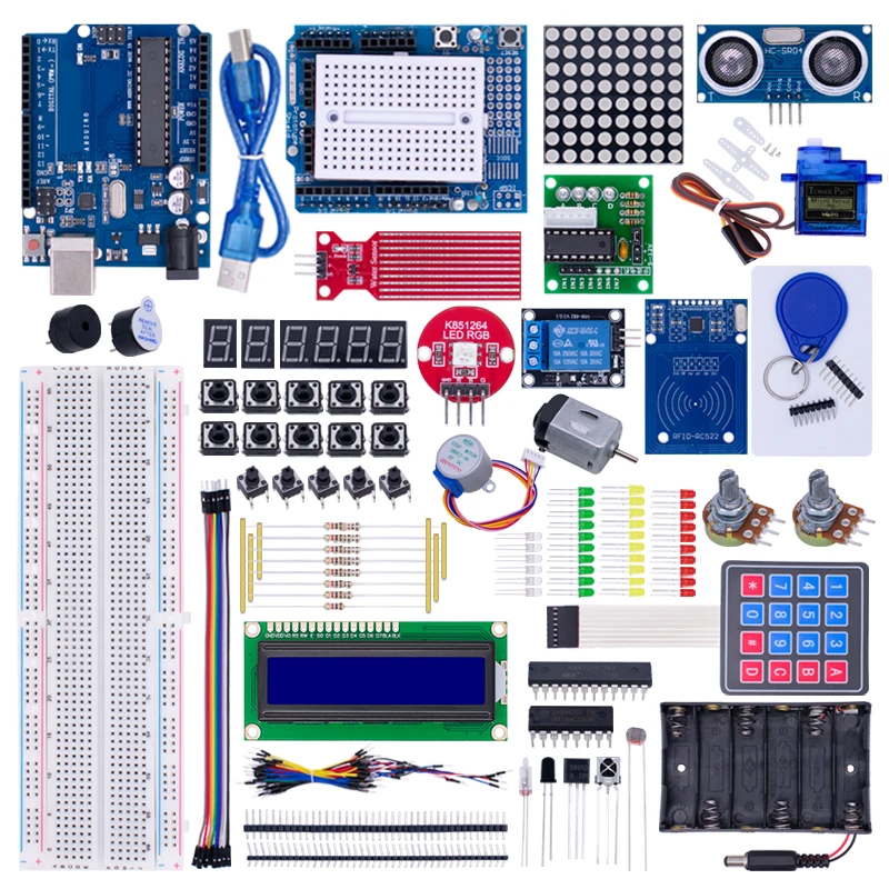 Komplettes Starter-Kit für Arduino Uno R3, inklusive Uno R3 Board, Steckbrett, Motoren, LCD, Sensoren