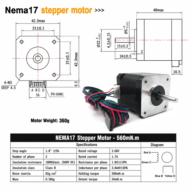 NEMA17 NEMA23 Schrittmotor 2-Phasen 4-Draht 48mm 57mm 86mm 560mN.m 1,26N.m 2,45N.m Drehmomentwellenmotor