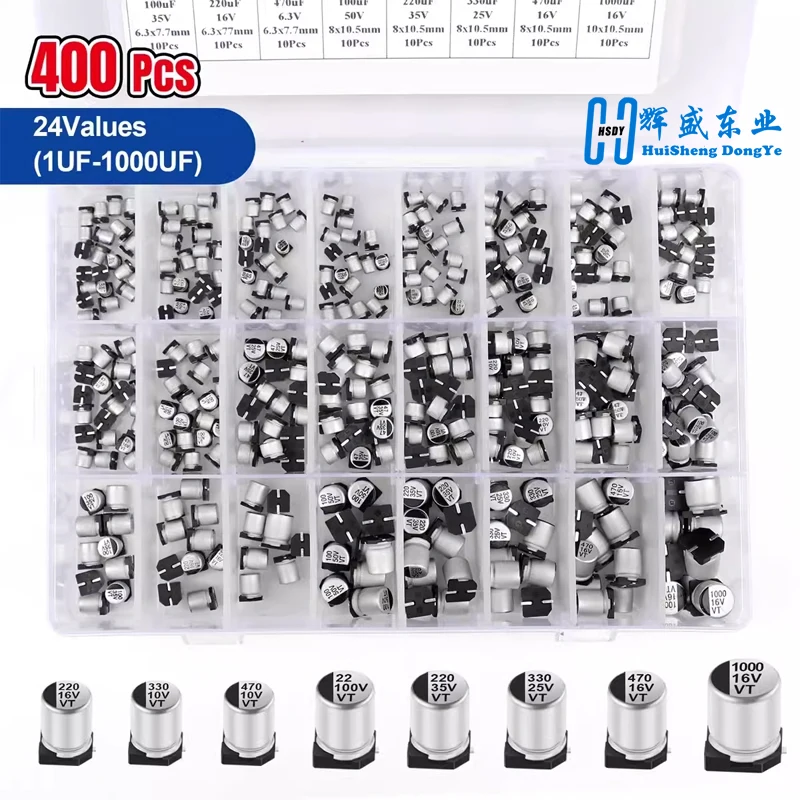 Aluminium-Elektrolytkondensatoren SMD-Sortiment-Kit 400 Stück 24 Werte SMD 1 uF ~ 1000 uF 6,3 V-50 V 24 Werte