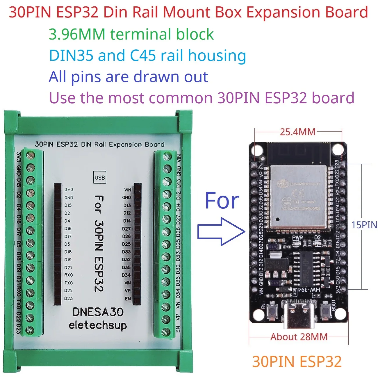 30PIN ESP32 Devkit V1 Din Rail Expansion Board 3,96 Terminal Schraube – Bild 2
