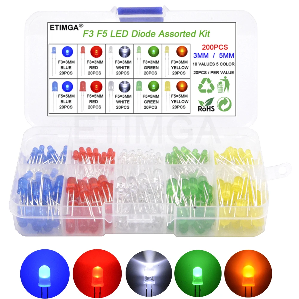 3MM 5MM LED-Dioden-Sortiment-Kit F3 F5 Leuchtdioden Elektronik-Kit-Box Ultrahelles Weiß Grün Rot Blau Gelb
