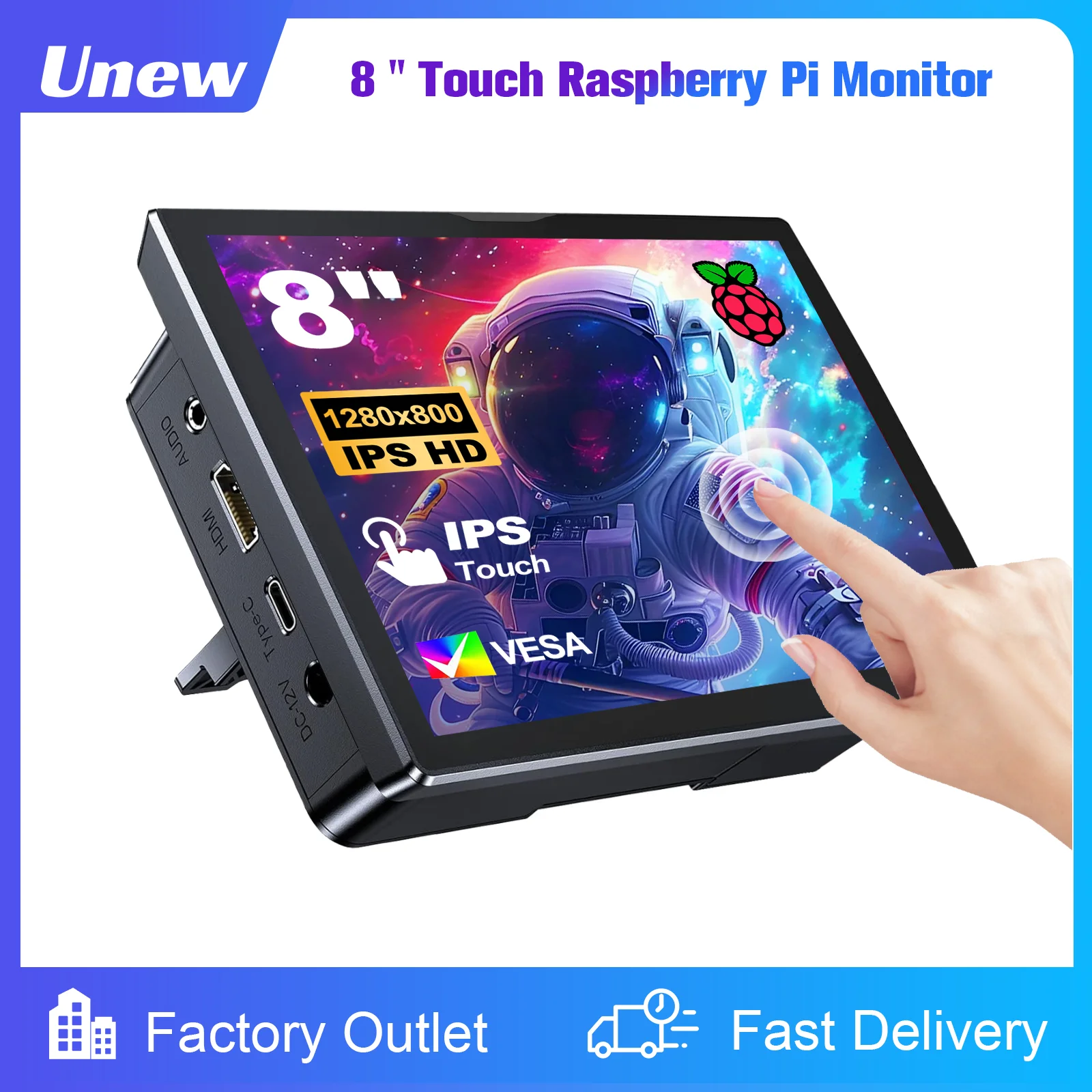 8 Zoll Raspberry Pi 5 4 Monitor LCD-Display 1280 x 800 16:10 Touchscreen HDMI USB für DIY Pi 4 3 Eingebauter