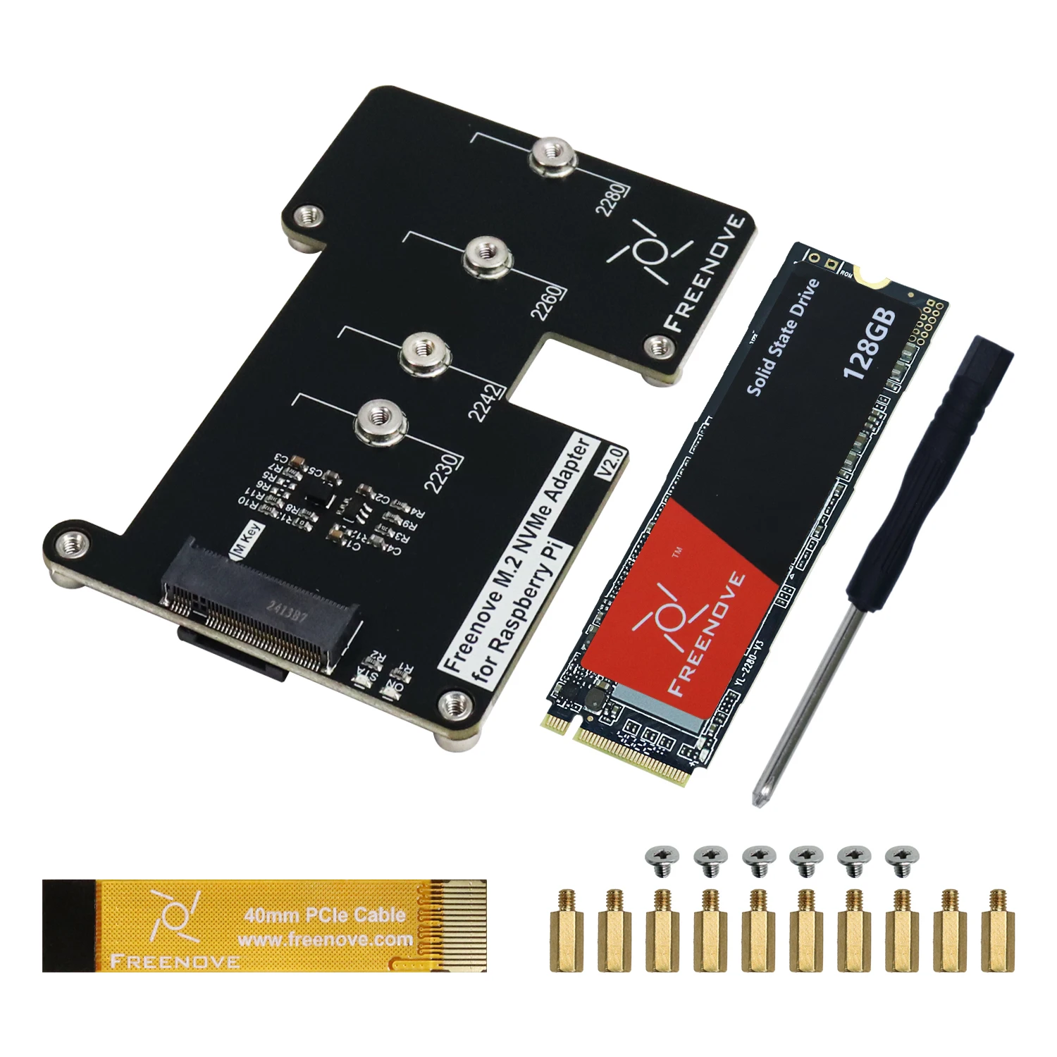 Freenove M.2 NVMe Adapter V2 für Raspberry Pi 5 mit 128 GB 256 GB 512 GB SSD, M.2 HAT Add-on Board, PCIe 2.0