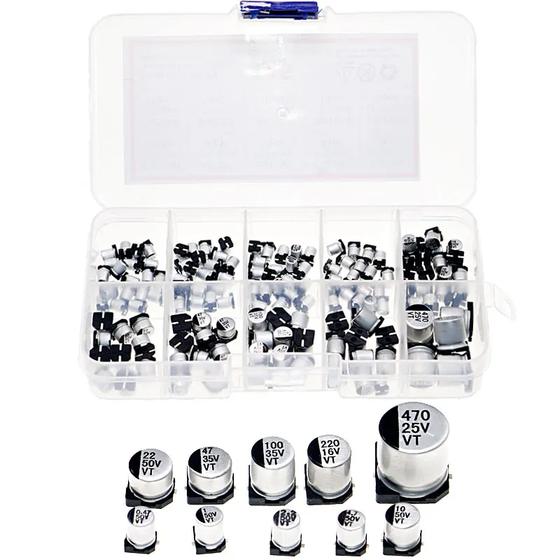 10 Werte SMD 0,47 bis 470 uF 16 V 25 V 35 V 50 V Elektrolytkondensator-Sortiment-Set (145 Stück)