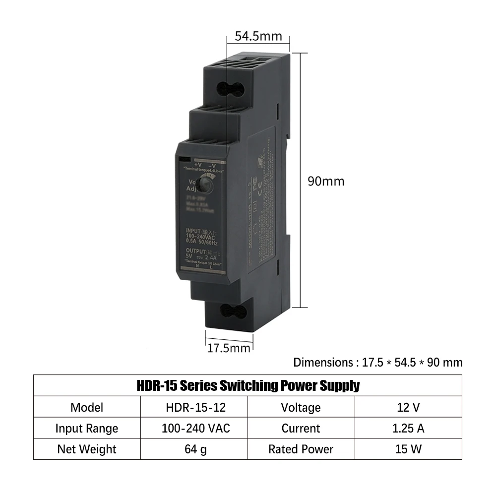 Schienentyp-Netzteil HDR 15 W 5 V 12 V 24 V 48 V Industrieller DIN-Einzelgruppenausgangstransformator 100-240