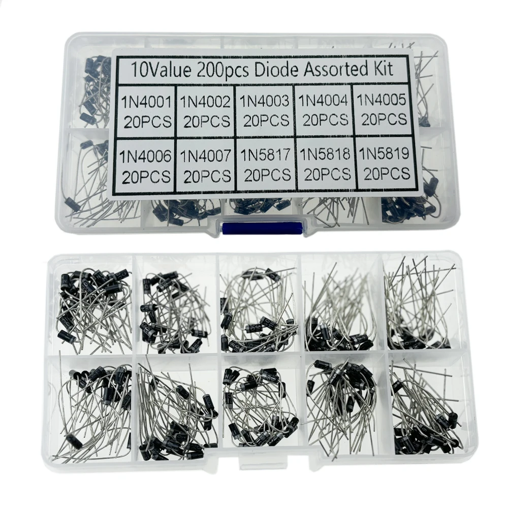 Schachtel 10 Wert Diode Assorted Kit Set 1N5819 1N5818 1N5817 1N4007 1N4006 1N4005 1N4004 1N4003 (200 Stück)