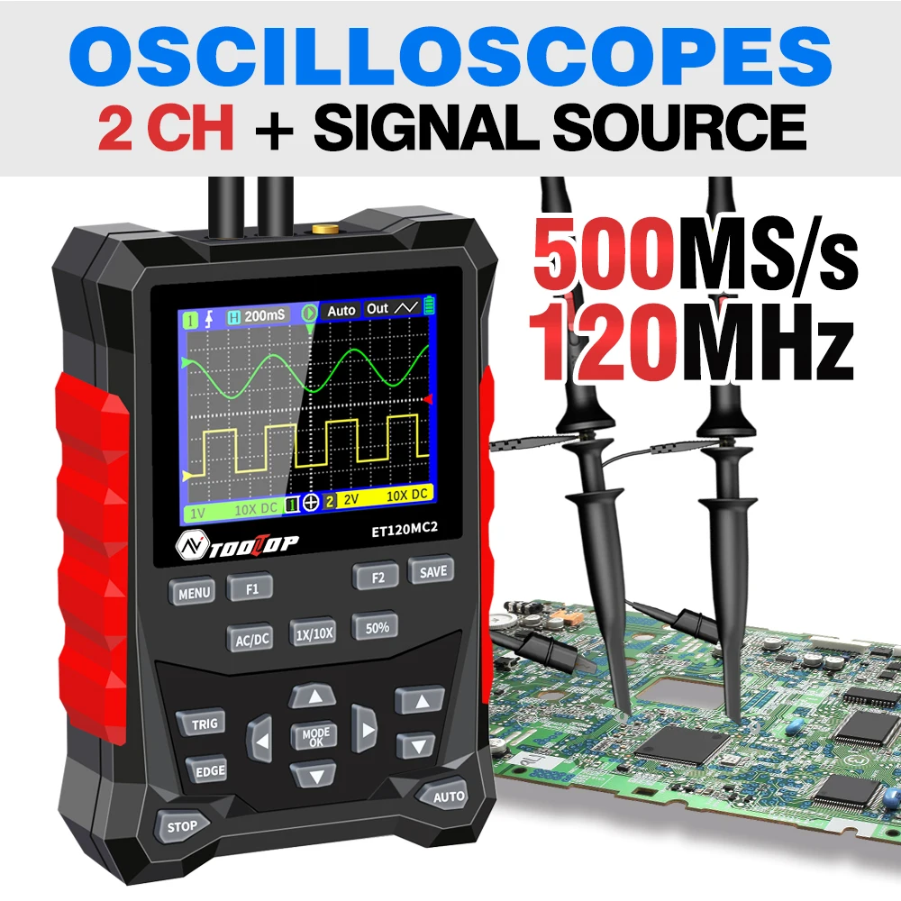 TOOLTOP 2 Kanal 120 MHz Tragbares Oszilloskop Signalquelle 2 in 1 Elektronik Kfz-Oszilloskope
