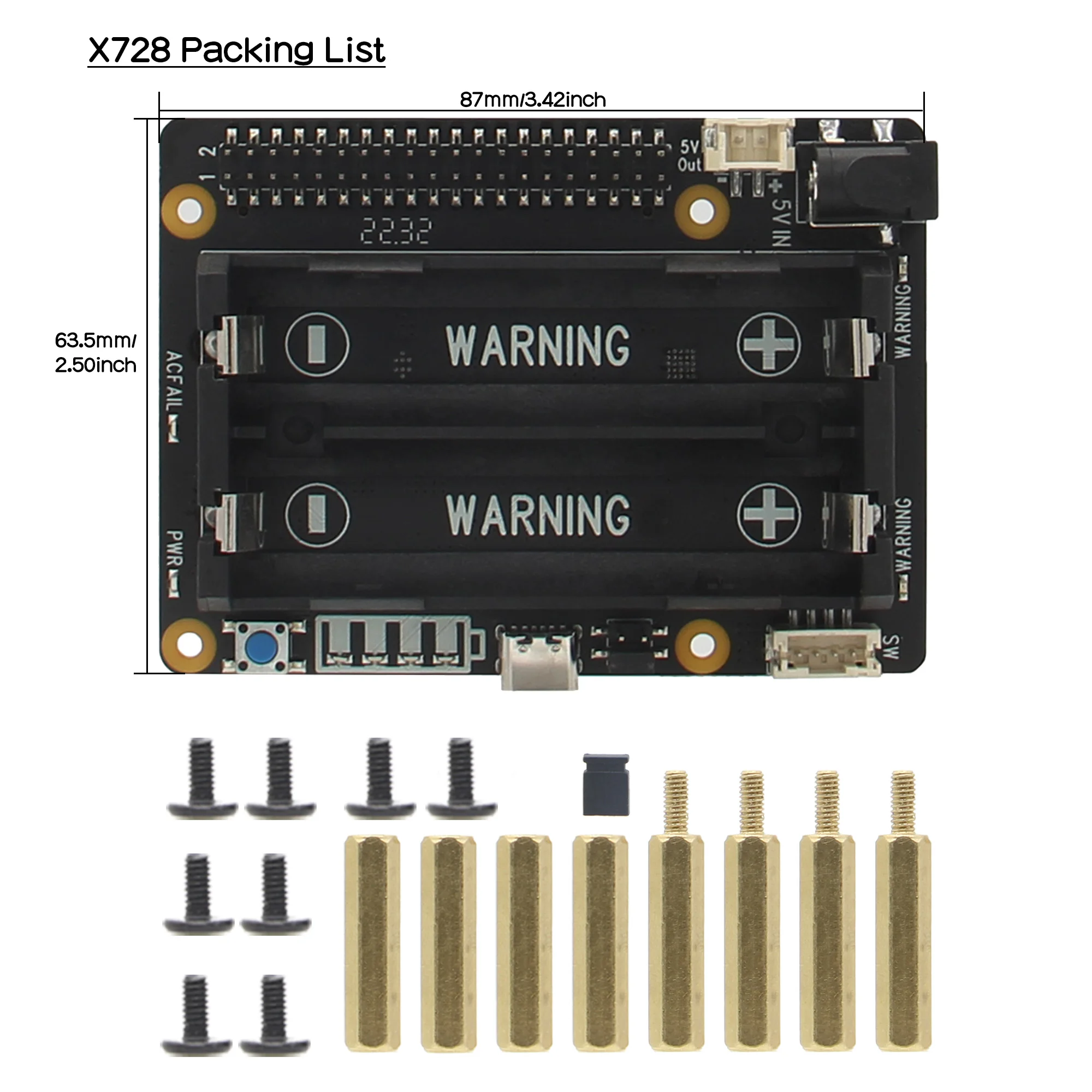 Raspberry Pi USV HAT, X728 V2.5 Power Mangement Board für Raspberry Pi 5/4B/3B+/3B