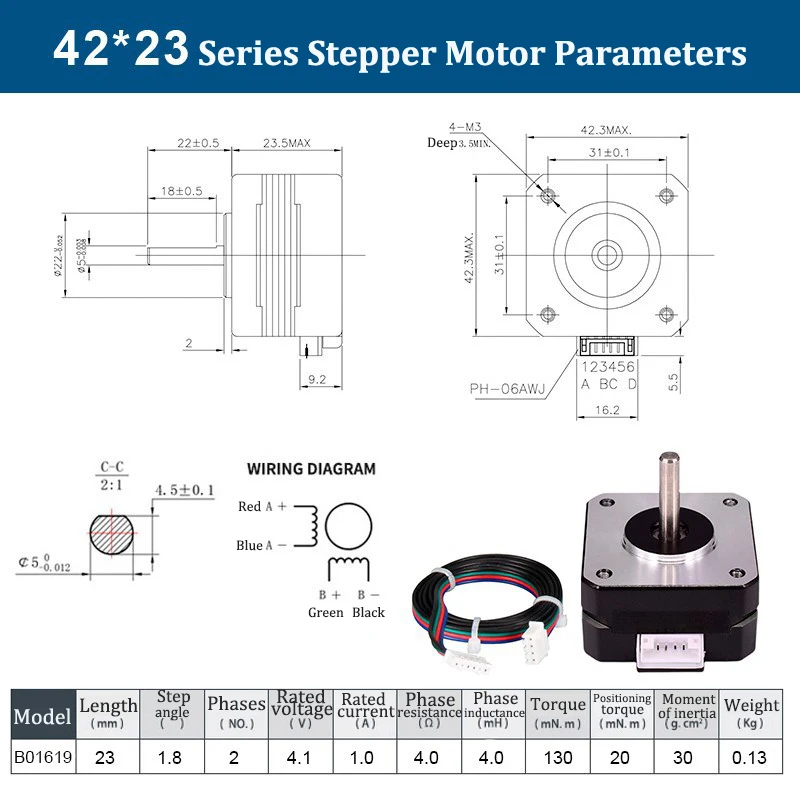 Nema 17 Schrittmotor 0,42N.m 2-Phasen Höhe 23/33/40/47/48/60mm 42er Schrittmotor für 3D-Drucker CNC Gravur