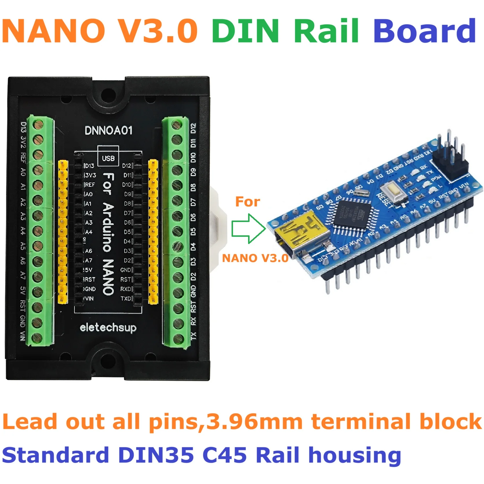3,96 mm Schraubklemmenblock-Adaptermodul NANO V3.0 DIN35 C45 DIN-Schienen-Erweiterungsplatine für Arduino Open