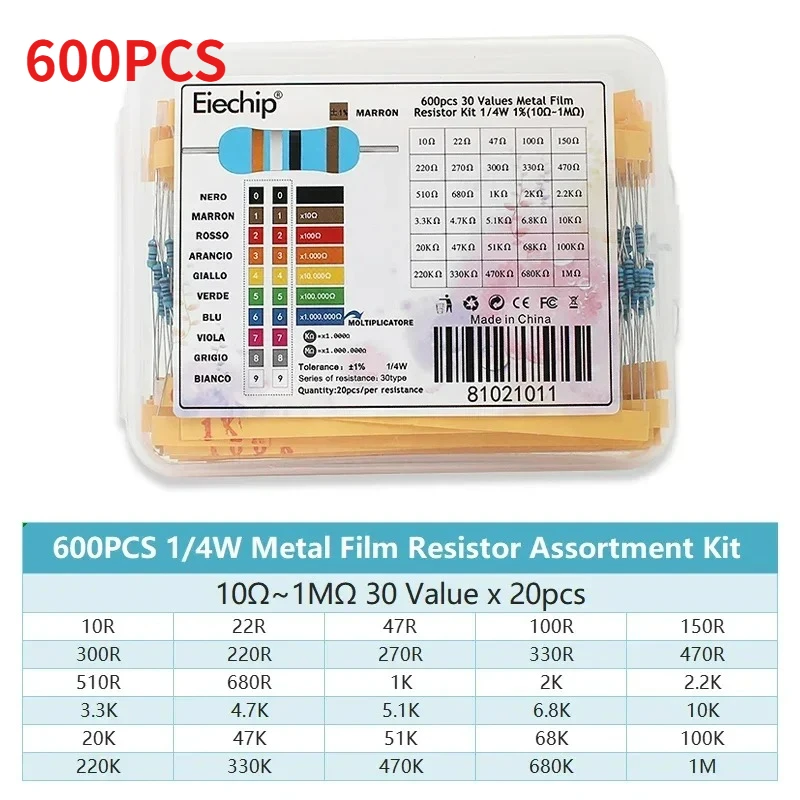 Metallfilm-Widerstandssortiment-Set, 300/600 Stück, 30 Werte, 1/4 W – Bild 5