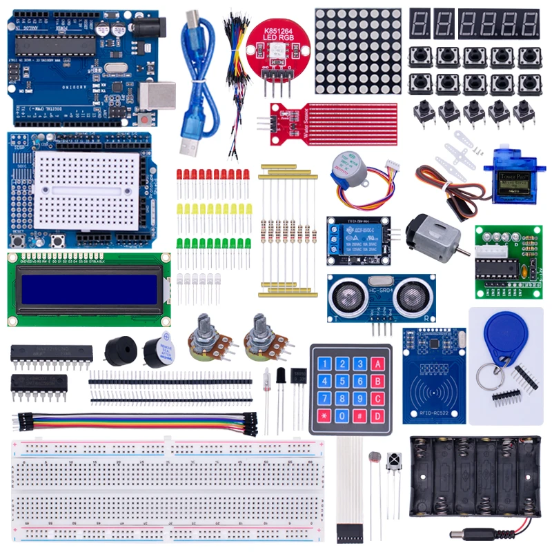 Komplettes Starter-Kit für Arduino Uno R3, inklusive Uno R3 Board, Steckbrett, Motoren, LCD, Sensoren