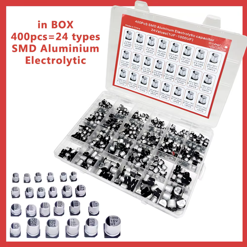 Aluminium-Elektrolytkondensatoren SMD-Sortiment-Kit 400 Stück 24 Werte SMD 1 uF ~ 1000 uF 6,3 V-50 V 24 Werte