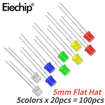 5 mm LED-Beleuchtungs-LED-Set, 5 Farben, Rot, Gelb, Blau, Grün, Weiß, LED-Dioden-Sortiment, Paket (100 Stück)