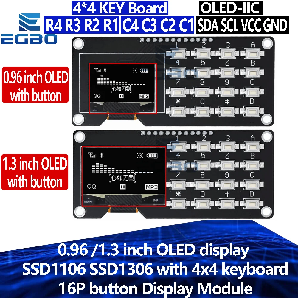 ~5PCS 0,96 /1,3 Zoll OLED-Display SSD1106 SSD1315 mit 4x4-Tastatur 16P-Tasten-Displaymodul Bildschirmmodul