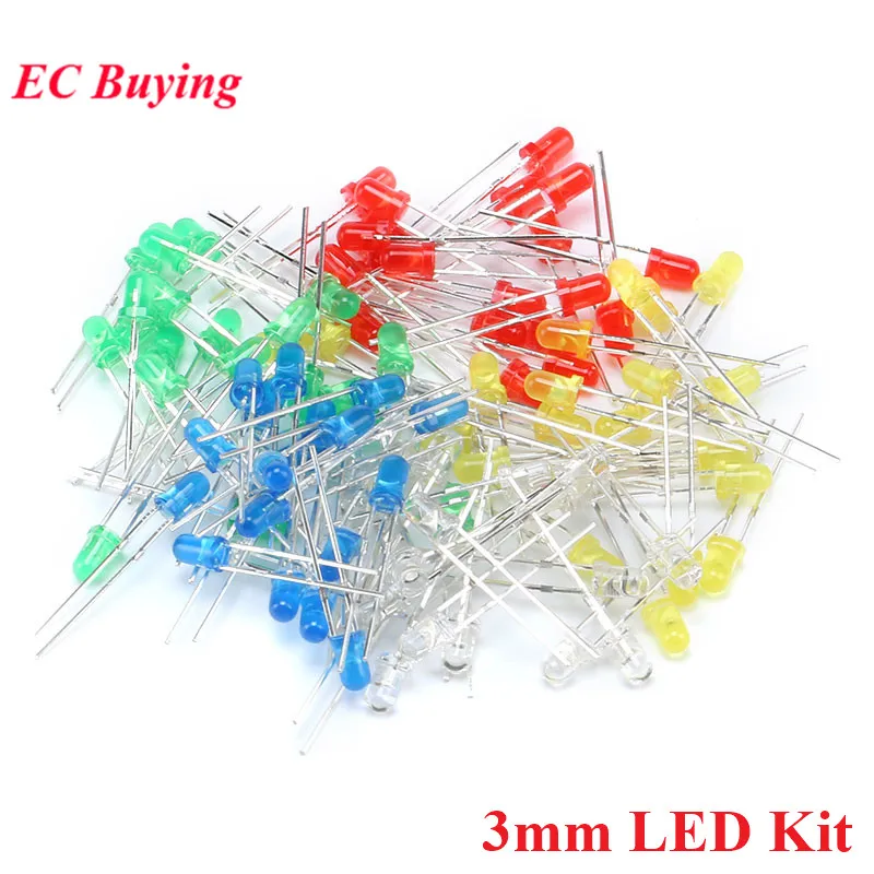 3mm LED Diode Leuchtdioden Weiß Gelb Rot Grün Blau Sortiertes Kit DIY Kit 5 farben * 20 stücke (100 Stück)