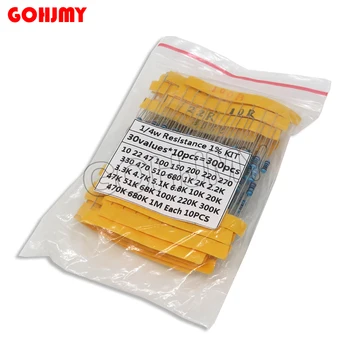 30 Arten 1/4 W Widerstand 1 % Metallschichtwiderstandspaket, sortiertes Kit 1K 10K 100K 10R 100R 220 Ohm 1M