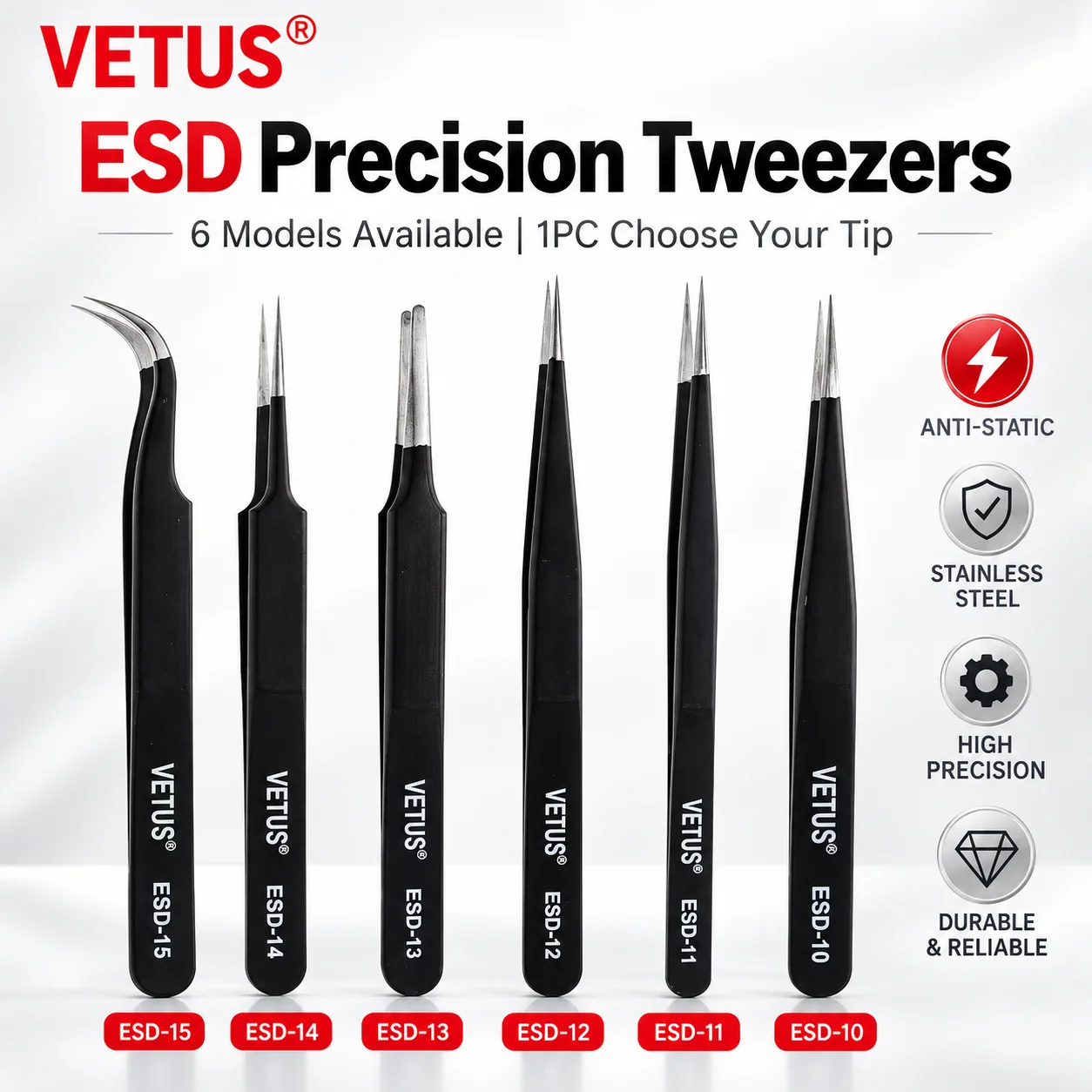 VETUS ESD Antistatische Präzisionspinzette aus Edelstahl ESD10 ESD11 ESD12 ESD13 ESD14 ESD15