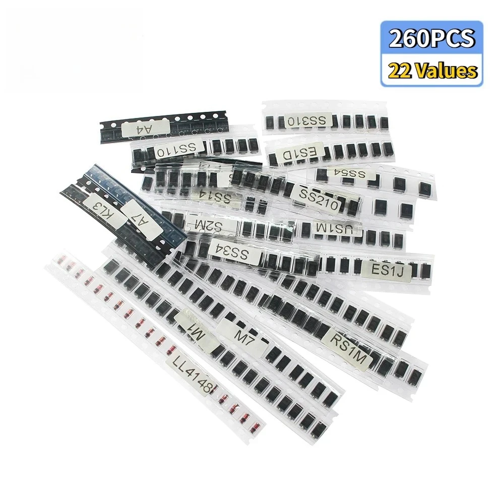 SMD Diode Assorted Kit M1 M4 M7 RS1M SS14 SS24 RS1M US1M SS34 SS54 BAT54C BAT54S LL4148 22 werte (260 Stück)