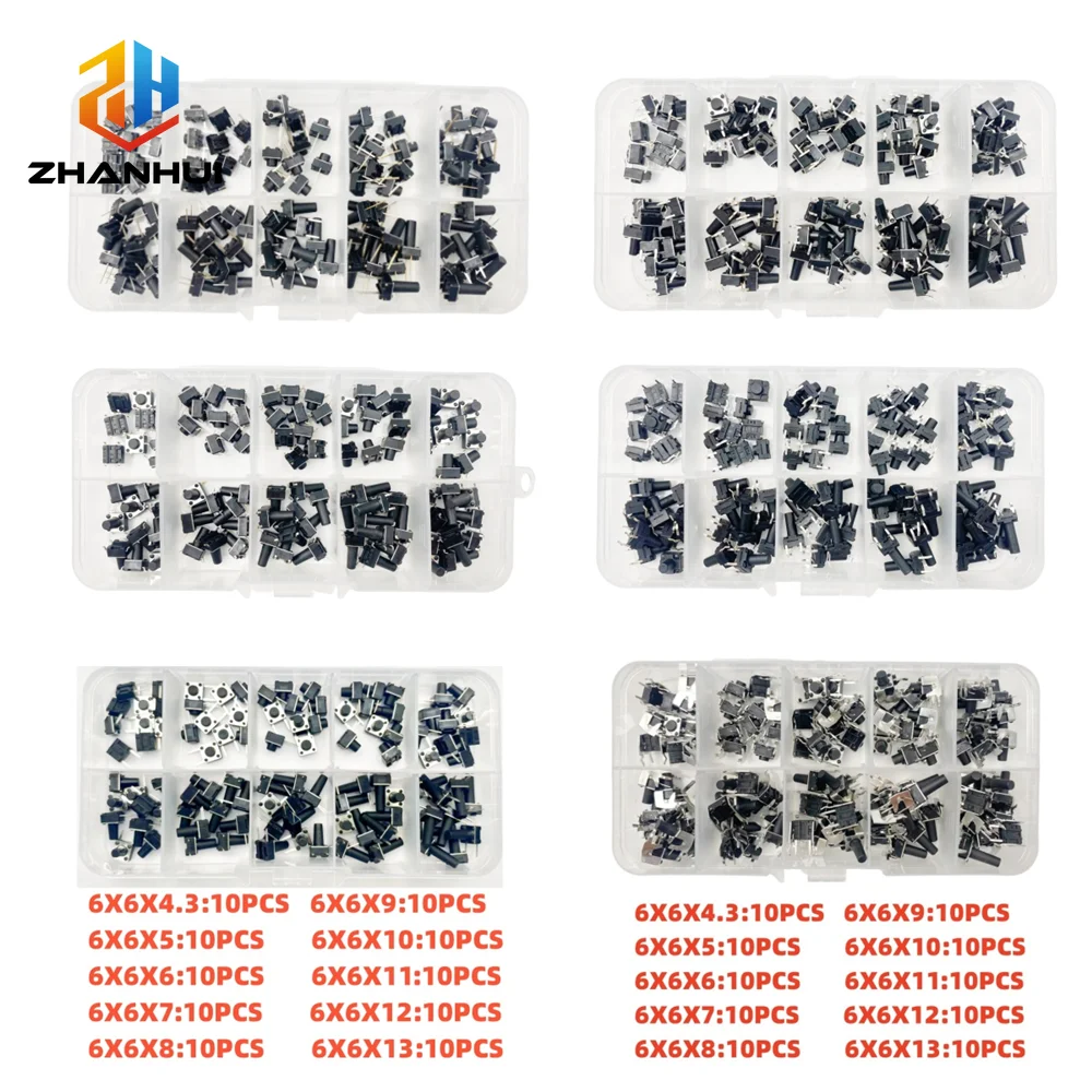 6x6mm Taktil-Schalter-Set, 10 Modelle (4,3-13mm) DIP & SMD (100 Stück) – Bild 6