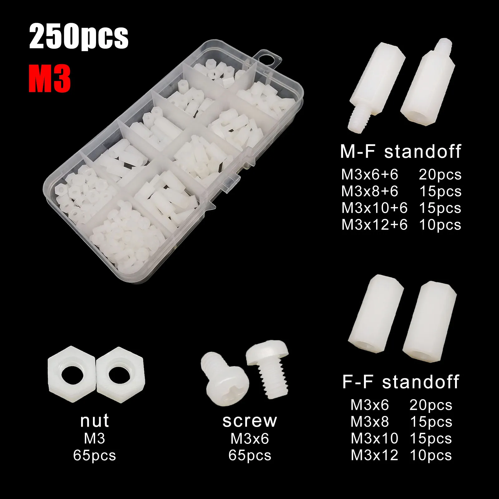 1 Box Kunststoff Nylon Sechskant Abstandshalter Säule Abstandshalter Schraube Mutter Unterlegscheibe Kit Set
