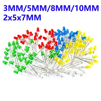 5 Farben*20 Stück=100 Stück 3/5/8/10/257mm 2X5X7 LED-Dioden-Licht-Sortiment-Kit Weiß Gelb Rot Grün Blau je 20