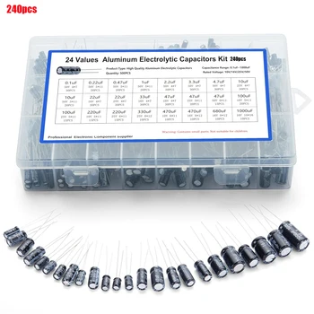 Elektrolytkondensator-Sortiment-Set, 24 Werte von 0,1 uF bis 1000 uF, Aluminium-Kondensatoren-Set (240 Stück)