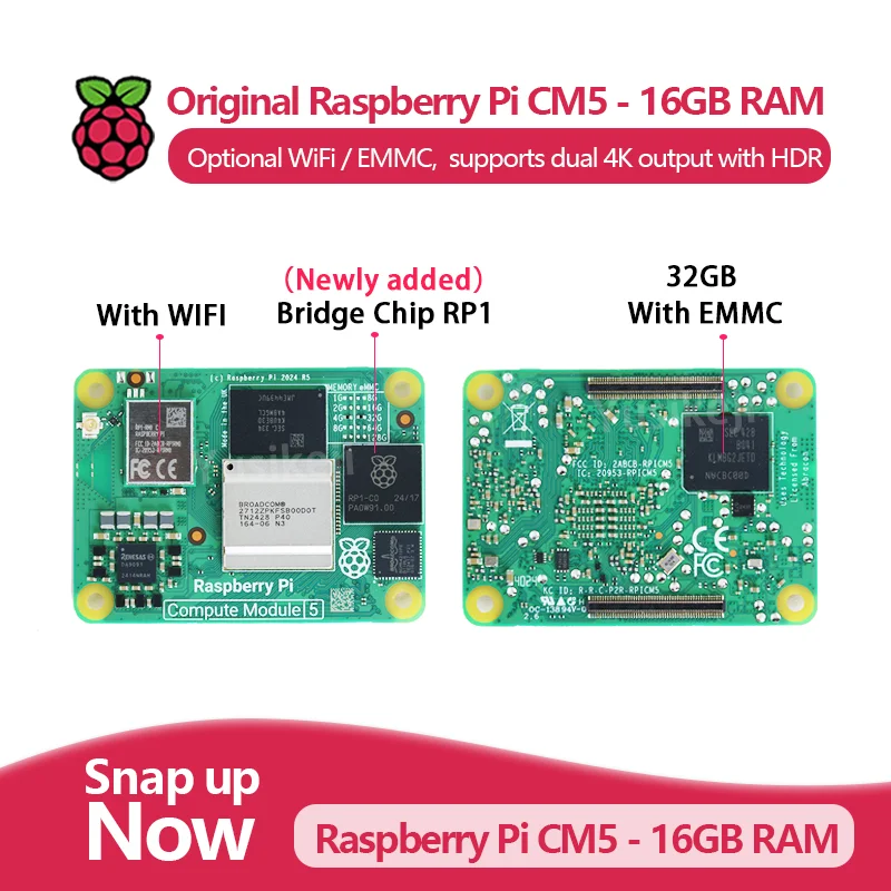 Raspberry Pi Compute Module 5 CM5-Modul mit 16 GB RAM, optionales WLAN/EMMC, CM5116064 CM5016016 CM5016032