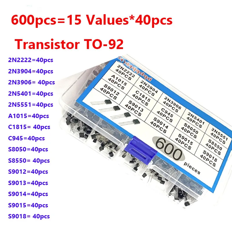 To-92 Transistor Sortiment Kit 30-160v 50-1000ma npn pnp 2 n2222 2 n5551 s9014 c945 s9018 s8050 600 stücke 15