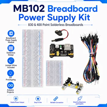 MB102 Breadboard-Stromversorgungsmodul + MB-102 830/400 Punkte lötfreies Breadboard-Kit mit 65 flexiblen