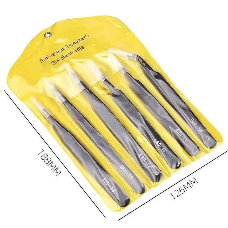 ESD-10 bis 15 Präzisions-Pinzetten-Set, 6 Stück, antistatisch, aus schwarzem Edelstahl