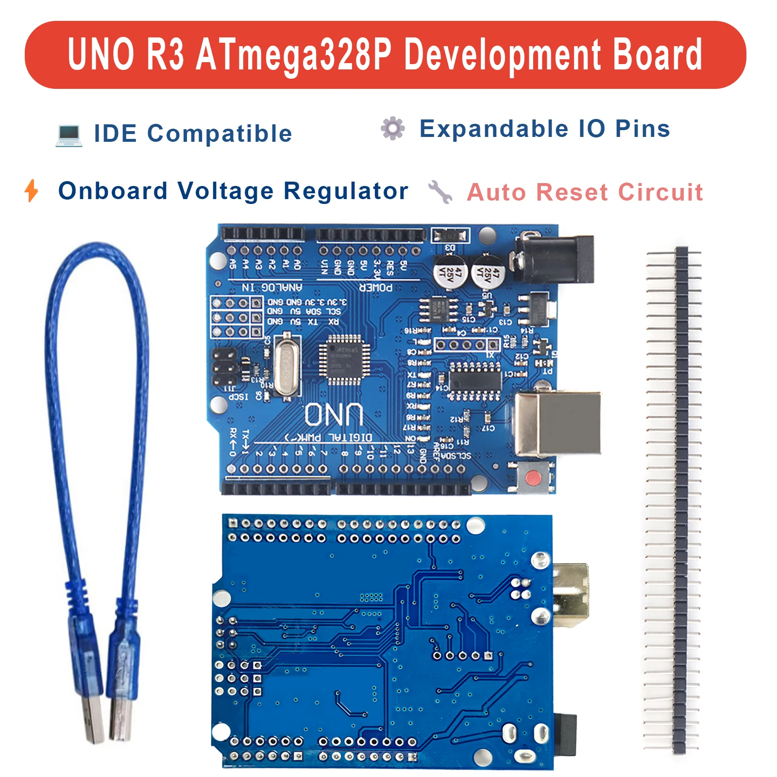 UNO R3 ATmega328P Entwicklungsboard CH340 Kompatibel mit Arduino IDE mit Pin-Header USB-Kabel DIY