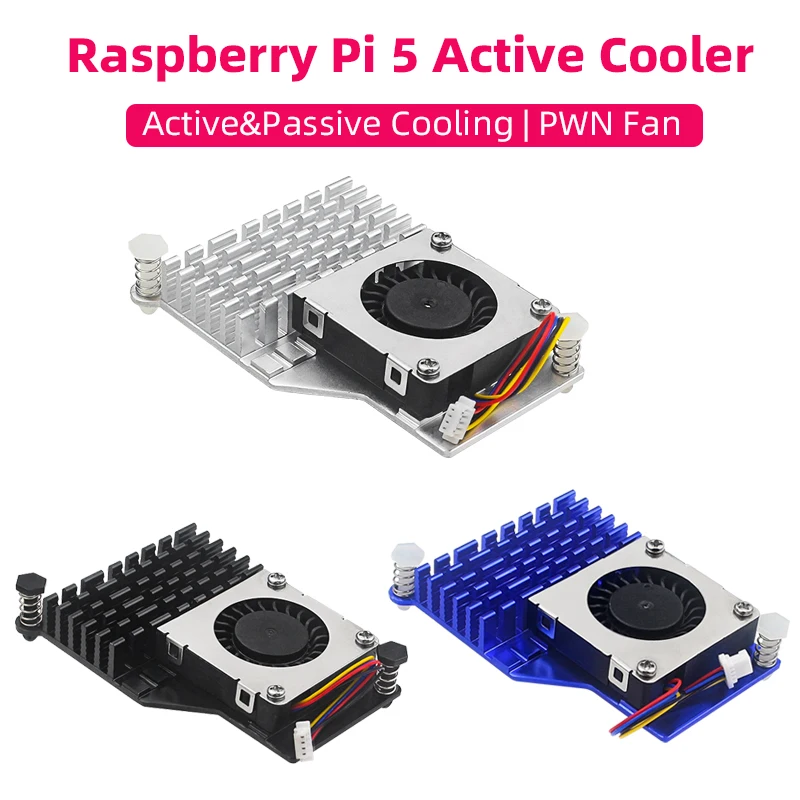 Raspberry Pi 5 Aktiver Kühler, Aluminium-Kühlkörper, PWM-geschwindigkeitsverstellbarer Lüfter, Schwarz