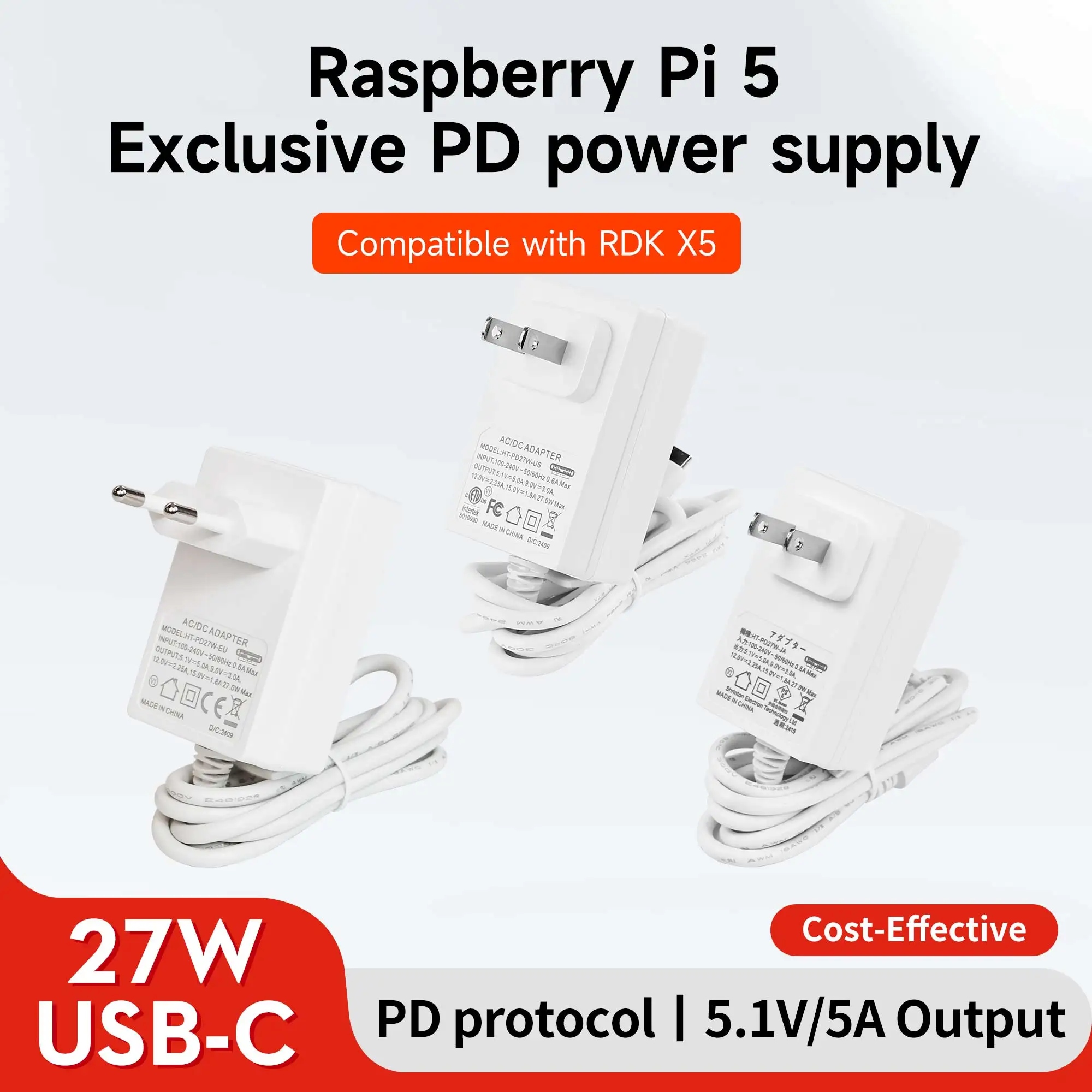 Raspberry Pi 27W USB-C-Netzteil, 5,1 V, 5 A, kompatibel mit PD-Ladung, EU-Stecker, für Raspberry Pi 5