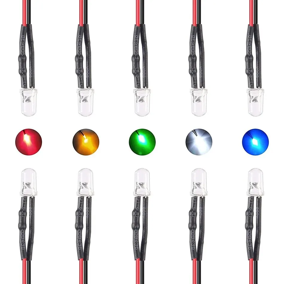12 V 5 mm LED-Diodenleuchten 7,9 Zoll vorverdrahtet 5 Farben x 10/30 Stück sortiertes Kit Weiß Rot Grün Blau