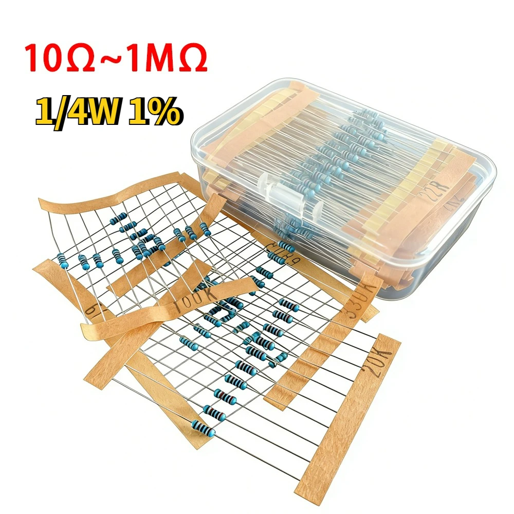 Metallfilm-Widerstandssortiment-Set, 300/600 Stück, 30 Werte, 1/4 W, 0,25 W, 1 % Toleranz, 10 Ω ~ 1 MΩ